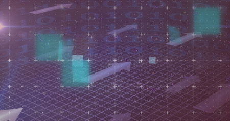Image of multicolored glitch technique, square, arrows and circle over binary codes. Digitally...