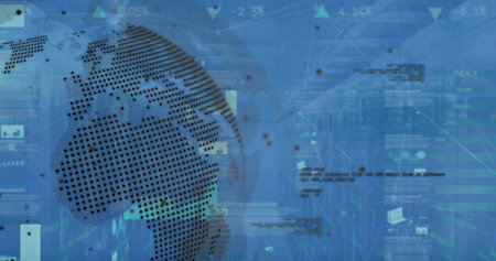 Image of digital interface and data processing over world map on blue background. Global data processing concept digitally generated image.の写真素材