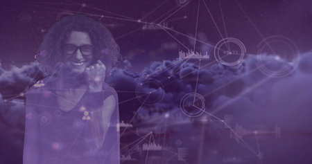 Image of orange waves over network and connections and successful caucasian woman over clouds. Business, connections, network and technology concept digitally generated image.の写真素材