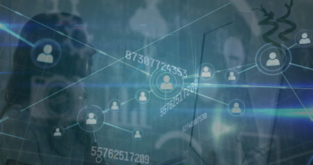 Image of connections and icons over caucasian woman working. Business, network, connections,...