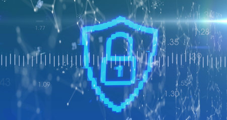 Image of numbers, connections, digital padlock and light on blue background. Global data security,...