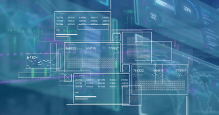 Image of digital interface and data processing over blue background. Global data processing concept digitally generated image.の写真素材