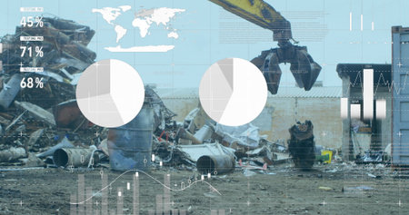 Image of infographic interface over scrap shearing machine pilling up metal scrap. Digital...