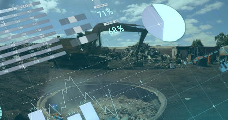 Image of infographic interface over crane piling up metal scrap in scrap yard. Digital composite, multiple exposure, report, finance, database, business, waste, garbage and recycling concept.の写真素材