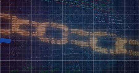 Image of graphs, blockchain, dots connected by lines and trading board over abstract background....