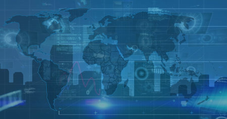 Image of digital interface and data processing over blue background. Global data processing concept digitally generated image.の写真素材