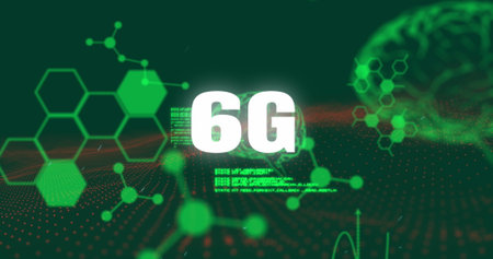Image of 6g, chemical formulas, data and brain on dark green background. Science and technology concept digitally generated image.の写真素材