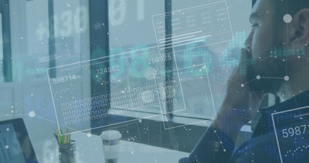 Image of financial data processing over businessman. Global business, finance, computing and data...