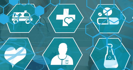 Image of medical icons over caucasian doctors talking. Global medicine and digital interface concept digitally generated image.の写真素材