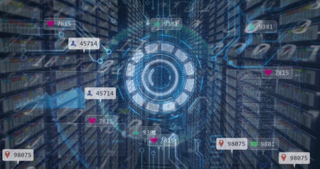 Social media icons and scope processing over server room. social media and technology, digitally generated image.の写真素材