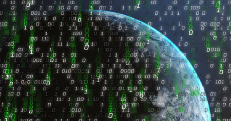 Image of binary coding and data processing over globe. Global computing, digital interface and data...