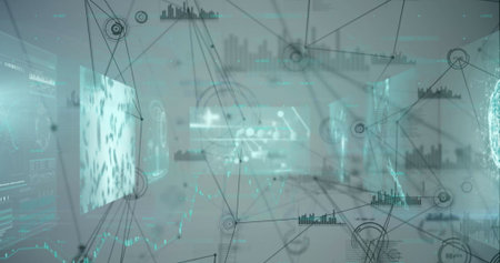 A image of a digital network of connections against a turquoise background.