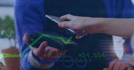 Image of financial data processing over diverse people paying with smartphone. Global finances, business and digital interface concept digitally generated image.の写真素材