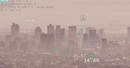 Image of eco icons and financial data processing over cityscape. Global business, finance, networks, computing and data processing concept digitally generated image.の写真素材