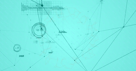 Image of network of connections with data processing and shapes over blue background. Connections, pattern and movement concept digitally generated image.の写真素材