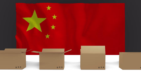 Image of cardboard boxes on conveyor belt over flag of china. Global business, finance, computing and data processing concept digitally generated image.の写真素材
