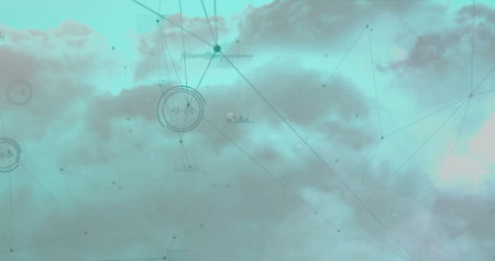 Image of network of connections with data processing and shapes over sky with clouds. Connections,...