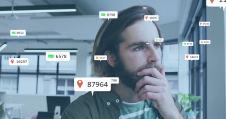 Image of social media icons with numbers over diverse business people. Global business, social media and digital interface concept digitally generated image.の写真素材