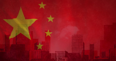 Image of cityscape over flag of china. Global business, finance, computing and data processing concept digitally generated image.の写真素材