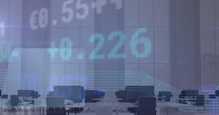 Image of stock market data processing against empty office. Global economy and business technology...