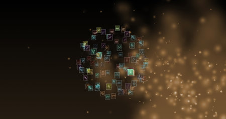 Image of glowing spots floating over globe of digital icons against black background. Global networking and business technology conceptの写真素材