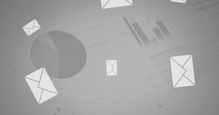 Image of multiple message icons falling over statistical data processing against grey background. Global networking and business data technology conceptの写真素材