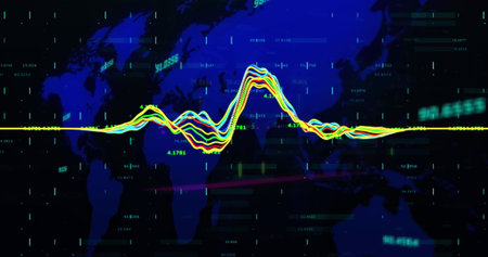 Image of financial data processing over world map. Global business, finance, computing, data...