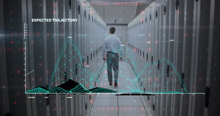 Image of graphs, texts, letters, numbers, rear view of caucasian man walking in server room. Digital...