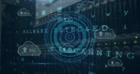 Image of circles, texts, letters, symbols, arrows, numbers in clouds, back panel of server rack. Digital composite, multiple exposure, shape, cloud computing, technology and network server.の写真素材