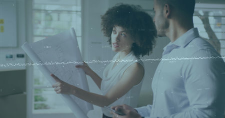 Image of financial data processing over diverse business people in office. Global networks,...
