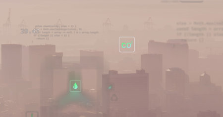 Image of eco icons, financial data processing over cityscape. Global business, finance, networks,...