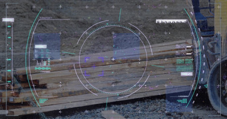 Image of glitch technique over circles, dna helix, loading bars against wooden planks on land. Digital composite, multiple exposure, molecule, medical, construction site, transport, technology.の写真素材