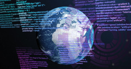 Image of computer data processing over globe. Global computing, digital interface and data...