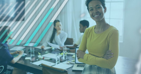 Image of data processing over diverse business people. Global business, computing and digital interface concept digitally generated image.の写真素材