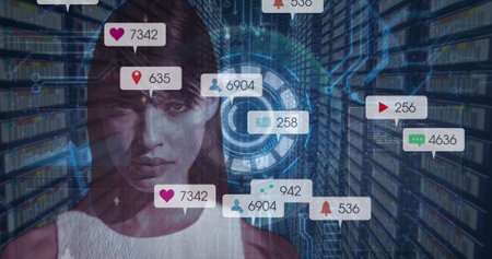 Image of social media icons over caucasian woman and data processing against server room. Social media networking and business data storage technology conceptの写真素材