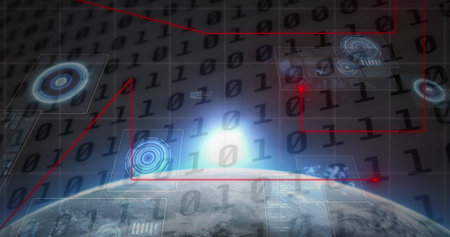 Image of red moving dots forming lines with binary code, circles and glare over globe. Digitally...