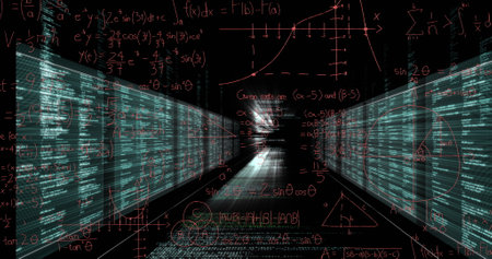 Image of mathematical equations over data processing on black background. Mathematical equations, computing and digital interface concept digitally generated image.の写真素材