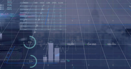 Image of numbers and graphs over blurred cityscape. Global finance, economy, data processing,...
