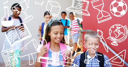 Image of school concept icons over group of diverse students walking down the stairs at school....