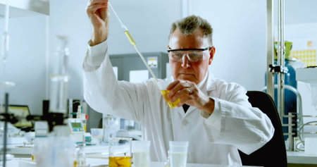Image of shapes over caucasian male scientist in lab. Global education, science and digital...