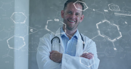 Image of chemical structures and data processing over smiling caucasian male doctor. Global...