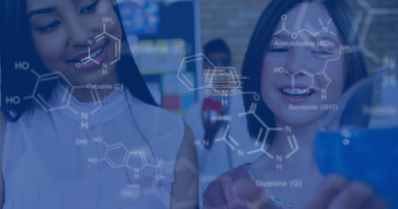 Image of data processing and chemical formula over diverse schoolchildren and teacher. global science, technology and digital interface concept digitally generated image.の写真素材