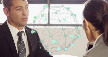 Image of globe of connections over diverse business people. Global business, connections and digital interface concept digitally generated image.の写真素材