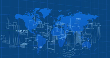 Image of numbers processing and world map over 3d cityscape drawing. global data processing and development concept digitally generated image.の写真素材