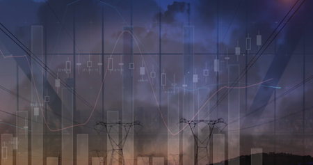 Image of financial graphs over electricity poles at dusk. energy, electricity, finance and economy concept digitally generated image.の写真素材