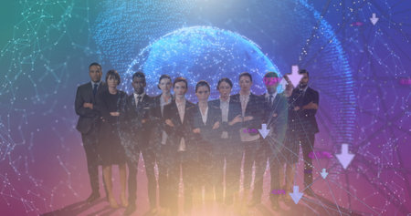 Image of financial data processing over diverse business people. global business, finances, technology and connections concept digitally generated image.の写真素材