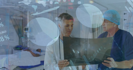 Image of data processing over diverse doctors. Global medicine, connections, computing and data...