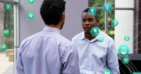 Image of network of connections over diverse business people in office. global business, connections and digital interface concept digitally generated image.の写真素材