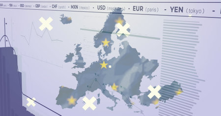 Map showing USD, EUR, and YEN across Europe, using symbols and lines. Highlighting economic data and trends, it offers clear view of financial movementsの写真素材