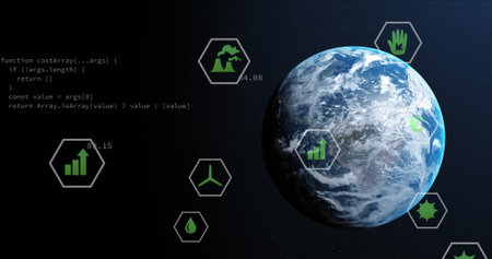 Image of eco icons and data processing over globe. Global concept digitally generated image. Global...